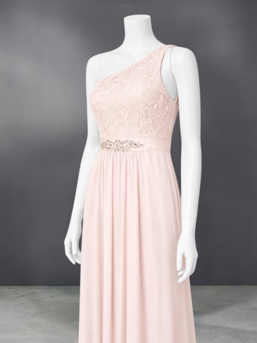 Adrianna Papell Blush Lace Crystal Embellished One-Shoulder Formal Gown - Picture 5 of 12